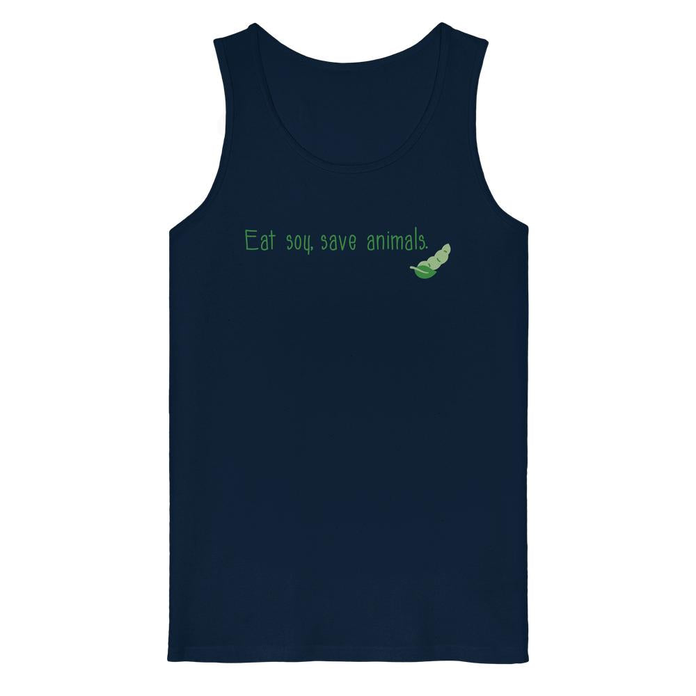 Dunkelblaues Tanktop mit dem Slogan Eat soy, save animals in hellgrün und einer grünen Sojabohne, aus 100% Bio-Baumwolle, von RUDE REBEL.