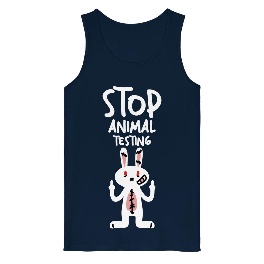 Ärmelloses Tanktop dunkelblau mit Aufdruck „STOP ANIMAL TESTING“ und Hase