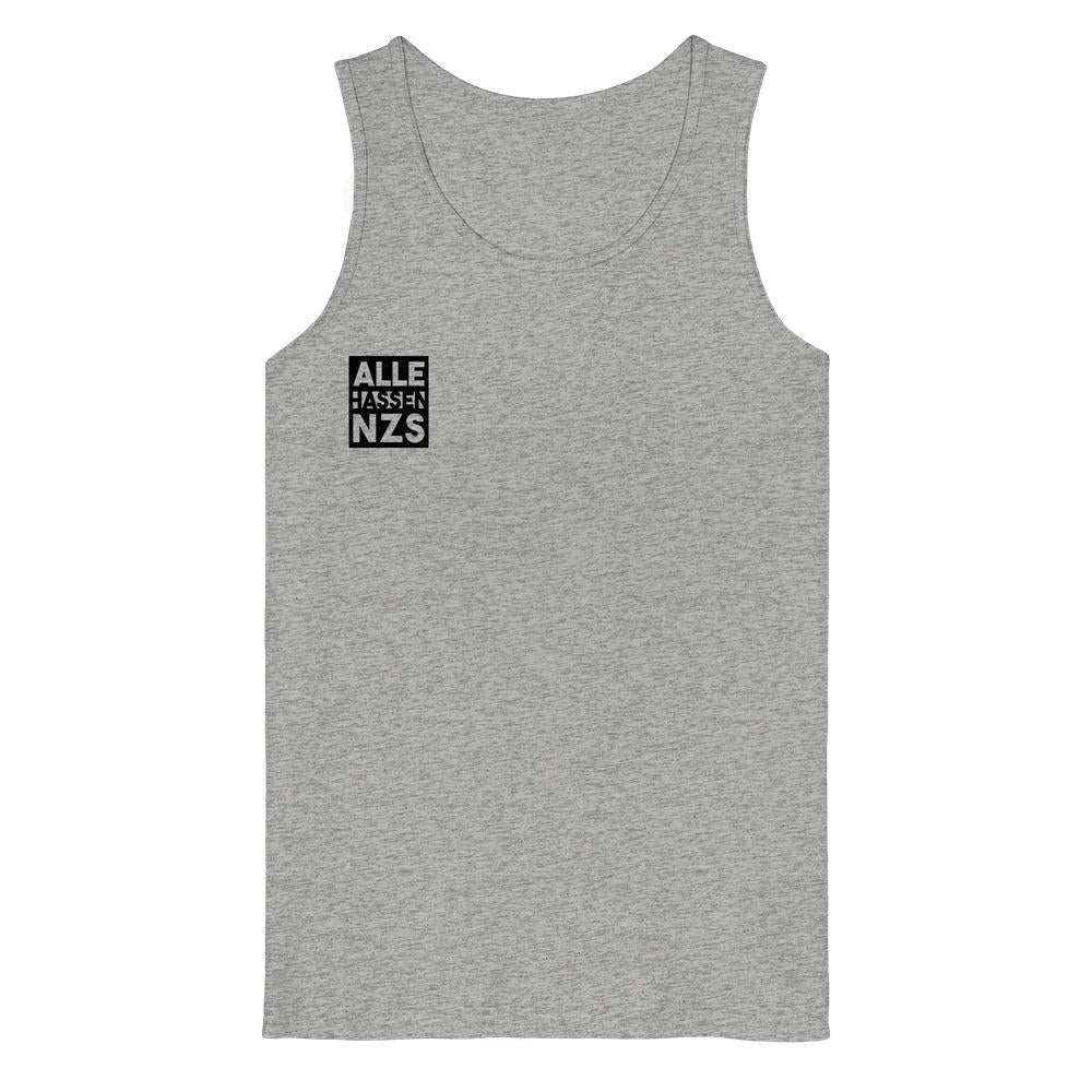 Vegan und Bio Tank Top: ALLE HASSEN NZS! in Heather-Grau, ärmellos mit kleinem schwarzem Quadrat und weißem Text auf der linken Brust, aus 100% Bio-Baumwolle.