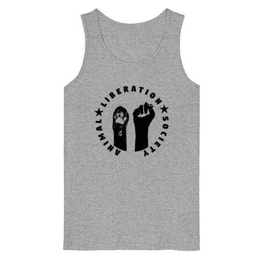 Vegan und Bio Tank Top: Raise paw and fist for Animal Liberation! zeigt Tierpfote und Menschenfaust im Kreis, mit ANIMAL LIBERATION SOCIETY Schriftzug.
