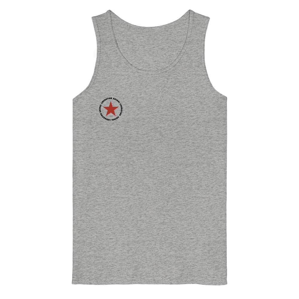 Vegan und Bio Tank Top: Red Star - Animal Liberation, hellgrau, ärmellos, mit rotem Stern und Schriftzug auf der linken Brust aus 100% Bio-Baumwolle.