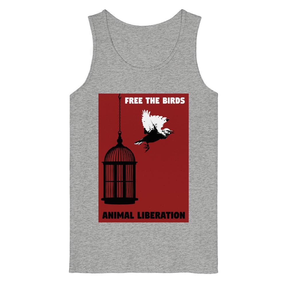 Vegan und Bio Tank Top: Free the birds - Animal Liberation mit offenem Vogelkäfig-Design und Vogelmotiv, aus 100% Bio-Baumwolle, verkörpert Tierrechtsbotschaft von RUDE REBEL.