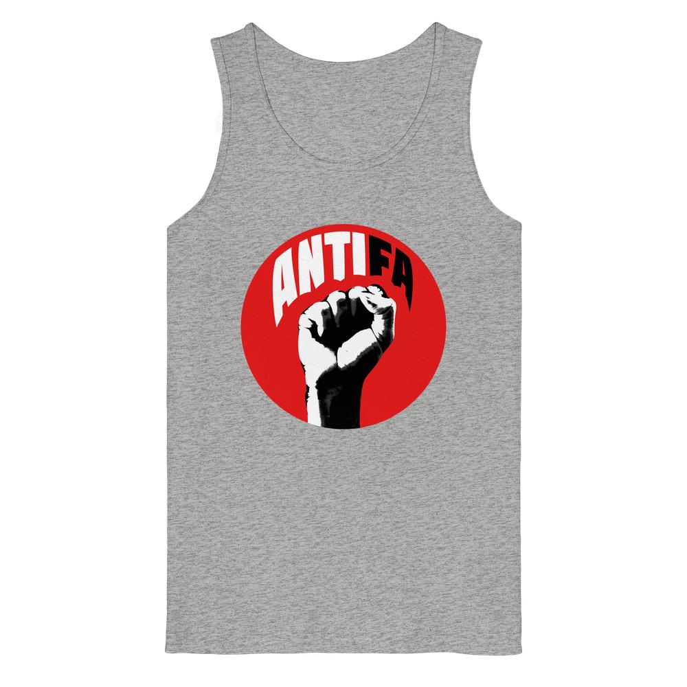 Vegan und Bio Tank Top: Antifa - Kampf gegen Rechts, zeigt roten Kreis mit erhobener Faust und ANTIFA-Schriftzug, aus 100% Bio-Baumwolle, rebellisches Design von RUDE REBEL.