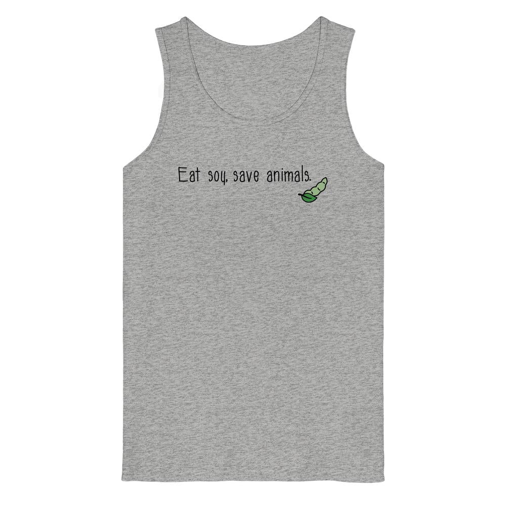 Heather-graues Tanktop mit dem Slogan „Eat soy, save animals.“ und grüner Sojabohnen-Illustration, aus 100% Bio-Baumwolle, von RUDE REBEL, thematisiert Veganismus und Tierschutz.
