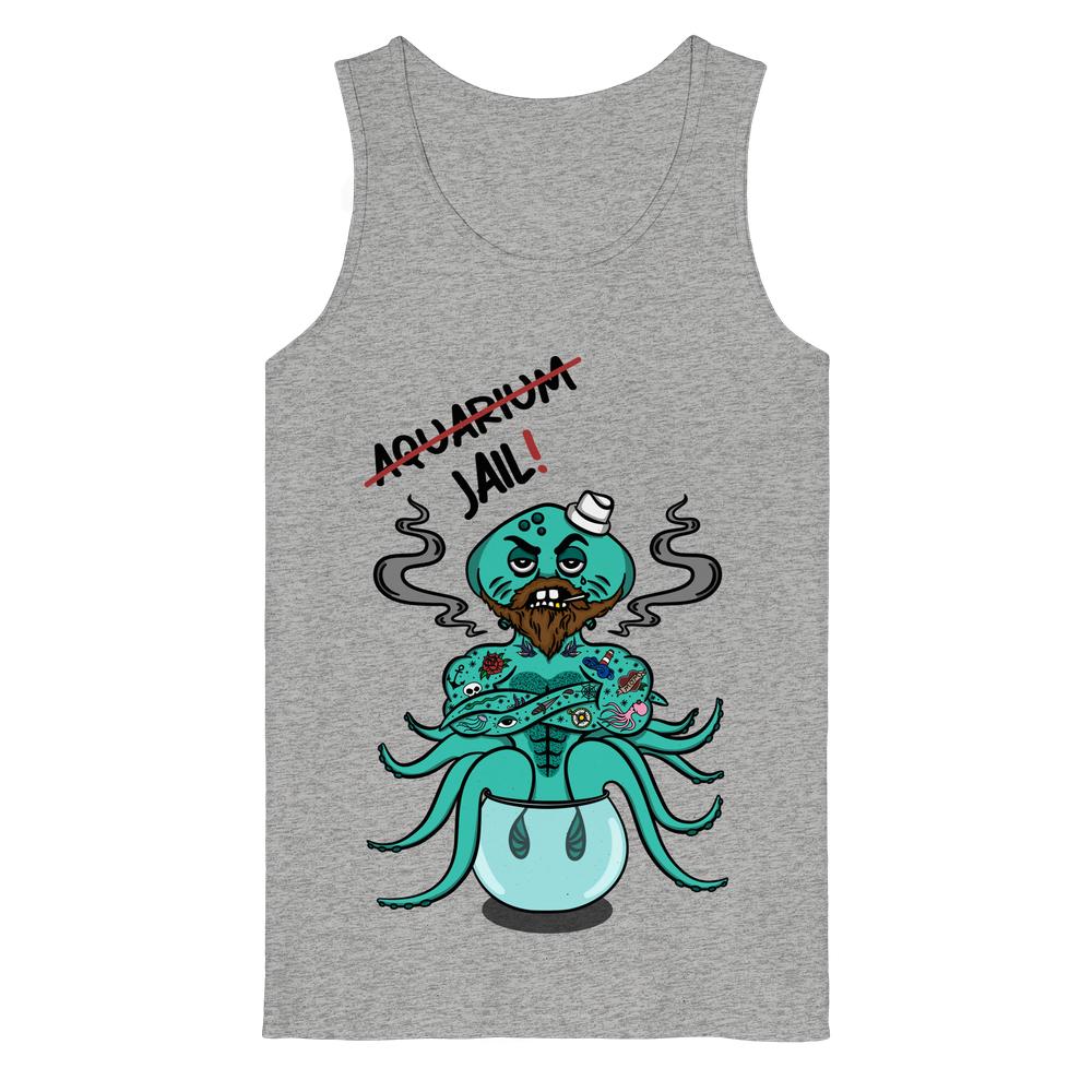 Vegan und Bio Tank Top: Animal Rights - Aquarium=Jail! zeigt einen bärtigen, tätowierten Oktopus im Fischglas, humorvoll rebellisch gegen Tierhaltung in Aquarien.