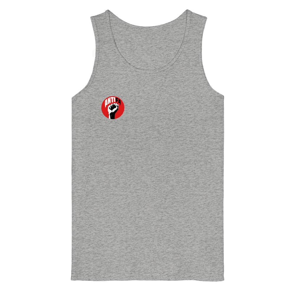 Heathergraues ärmelloses Tanktop mit ANTIFA-Logo auf der Brust, vegan und umweltfreundlich aus 100% Bio-Baumwolle, Medium Fit.