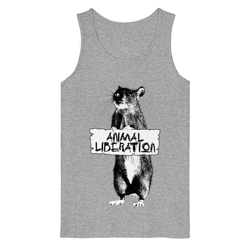 Heather-graues Tanktop, bedruckt mit einer Ratte, die ein ANIMAL LIBERATION-Schild hält; inspiriert von Banksy, aus 100% Bio-Baumwolle, veganes Design von RUDE REBEL.