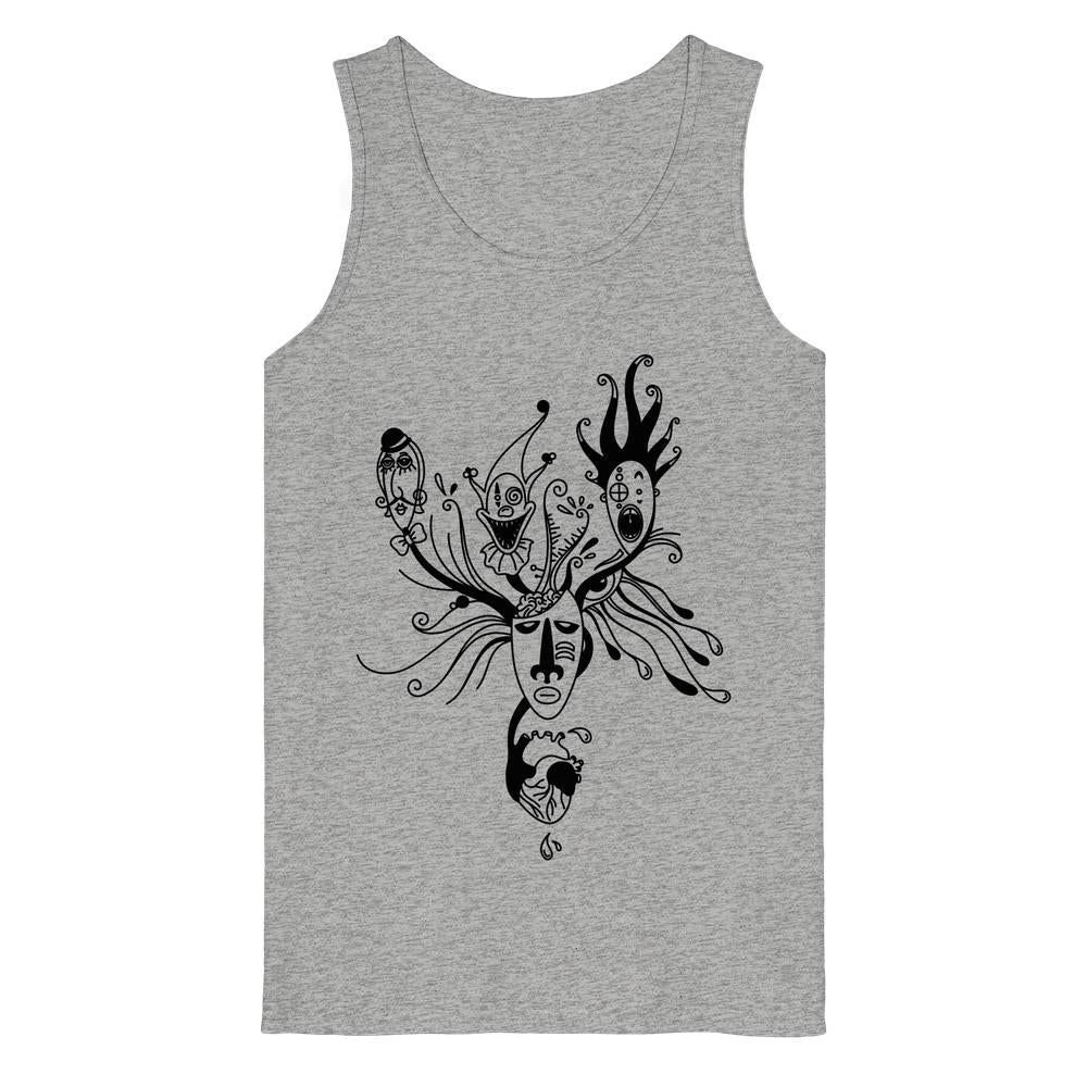 Heather-graues Tanktop mit surrealem, tribal-inspiriertem Gesichtsmotiv und organischen Formen, aus 100% Bio-Baumwolle. Produktname: Vegan und Bio Tank Top: Mental Health - Behind the Mask.