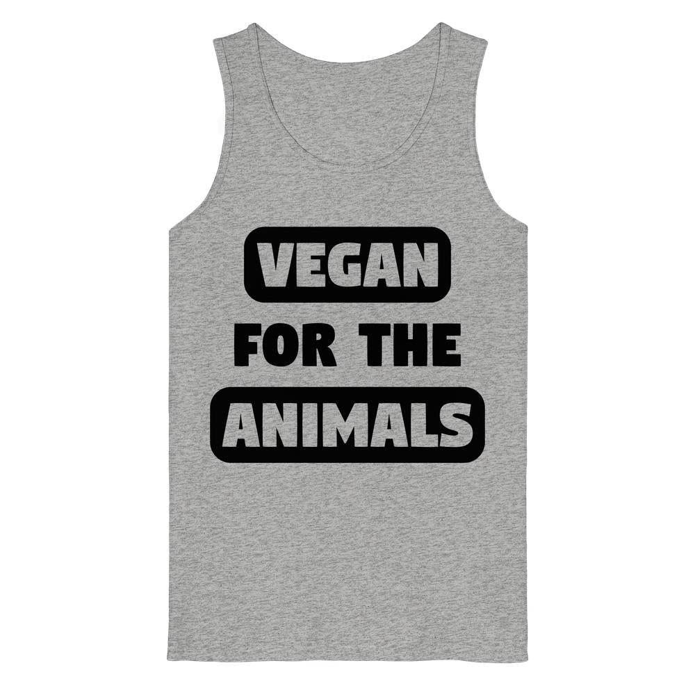 Ärmelloses Tank Top aus 100% Bio-Baumwolle mit dem Aufdruck VEGAN FOR THE ANIMALS in Schwarz, fördert Tierrechte.