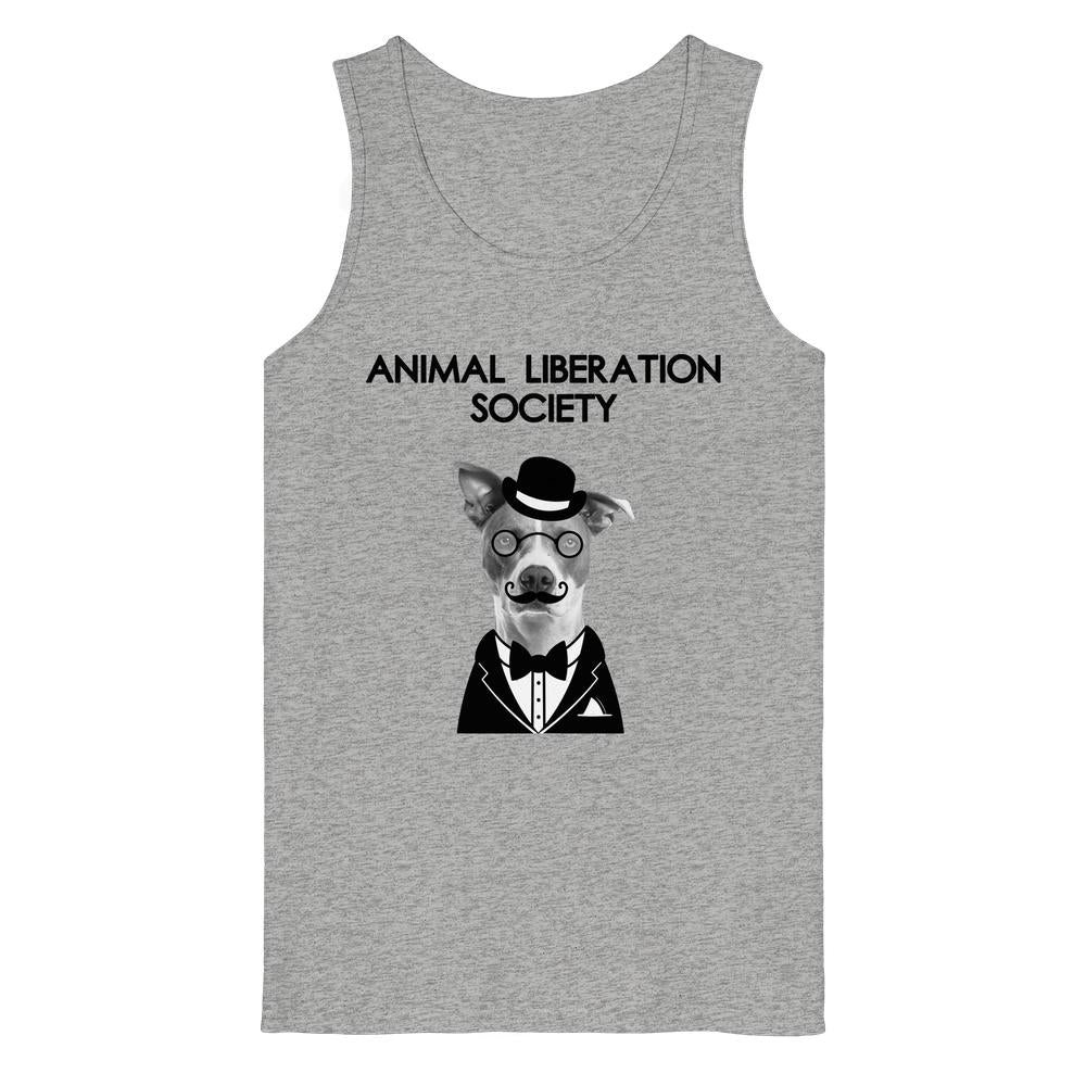 Vegan und Bio Tank Top: Mr. Dog - Animal Liberation Society, zeigt einen elegant gekleideten Hund mit Monokel und Schnurrbart, provokantes Design für Tierrechte von RUDE REBEL.
