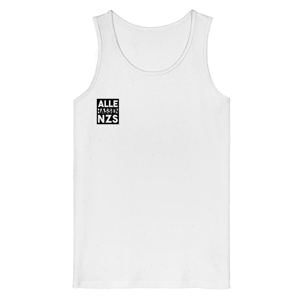 Vegan und Bio Tank Top: ALLE HASSEN NZS! Weiße, ärmellose Weste mit kleinem schwarzen Quadrat und Text auf der Brust, aus 100% Bio-Baumwolle.