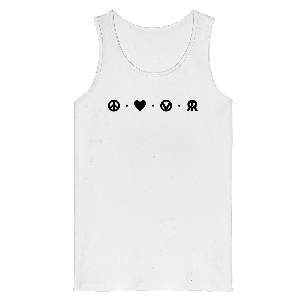 Vegan und Bio Tank Top: Peace - Love - Veganism - RUDE REBEL, mit vier Symbolen: Friedenszeichen, Herz, V-Emblem, rebellisches R-Band, auf weißem Untergrund.