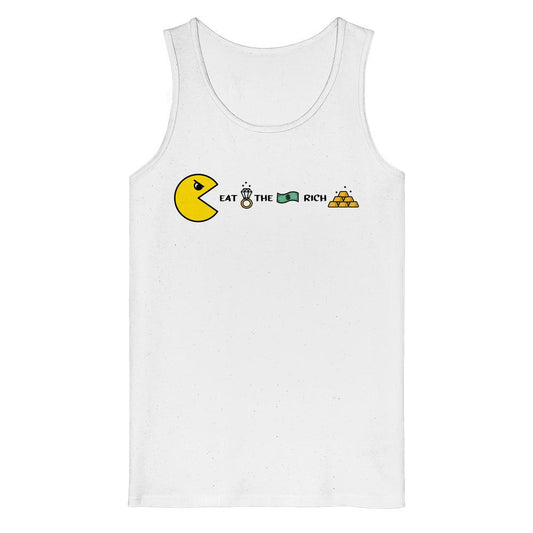 Vegan und Bio Tank Top: PAC-MAN - Eat the rich, zeigt Pac-Man, der einen Diamantring, Geldschein und Goldbarren verschlingt, symbolisch für Kapitalismuskritik.