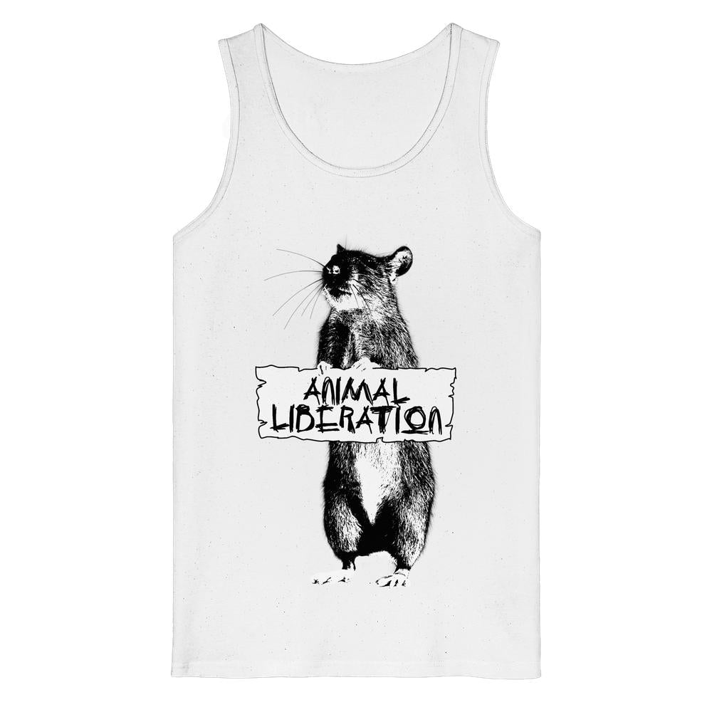 Vegan und Bio Tank Top: Rat for Animal Liberation, zeigt eine Street-Art-inspirierte Ratten-Skizze mit Schild ANIMAL LIBERATION auf biologischer Baumwolle.
