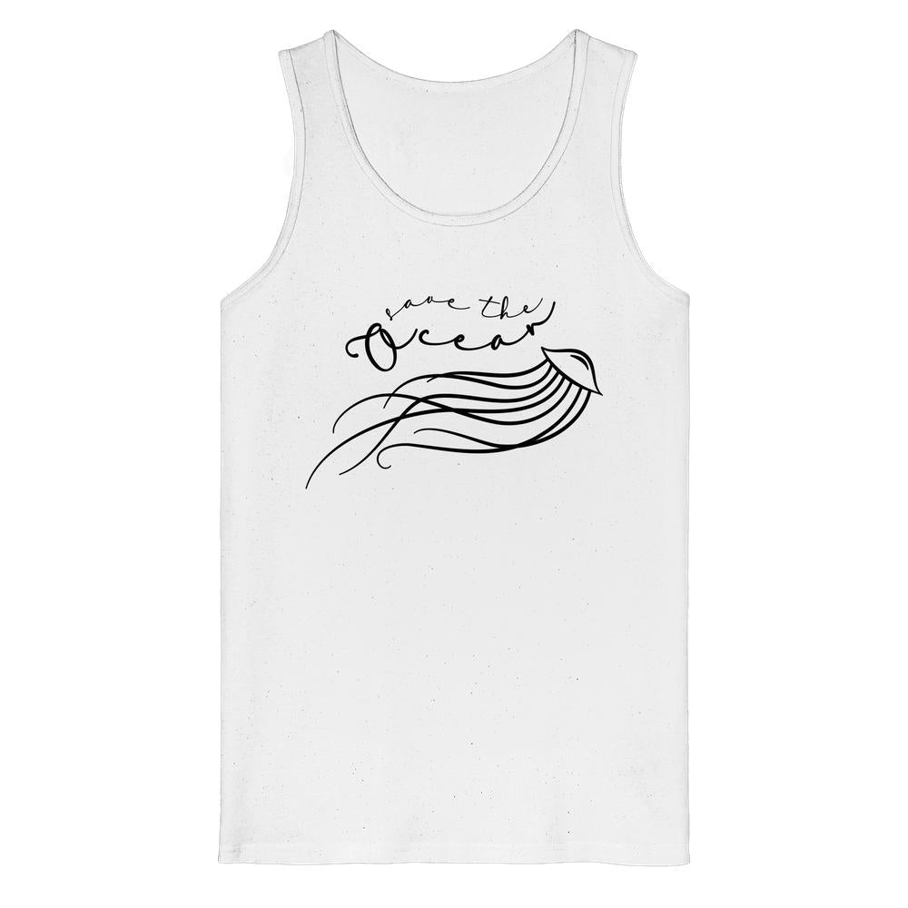 Vegan und Bio Tank Top: Jellyfish - Save the Ocean, zeigt ein minimalistisches Quallen-Design mit dem Aufruf Save the Ocean, aus 100% Bio-Baumwolle.