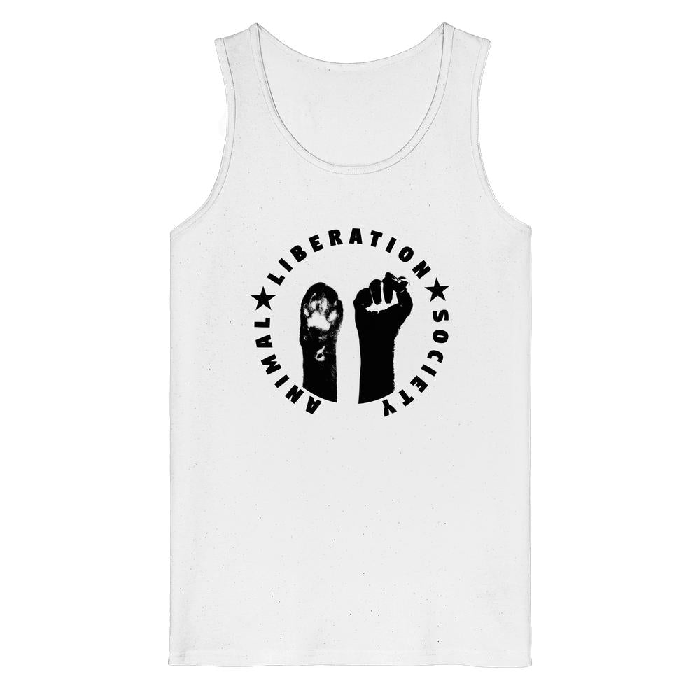 Vegan und Bio Tank Top: Raise paw and fist for Animal Liberation! zeigt ein kreisförmiges Emblem mit Tierpfote und Menschenfaust, aus 100% Bio-Baumwolle.