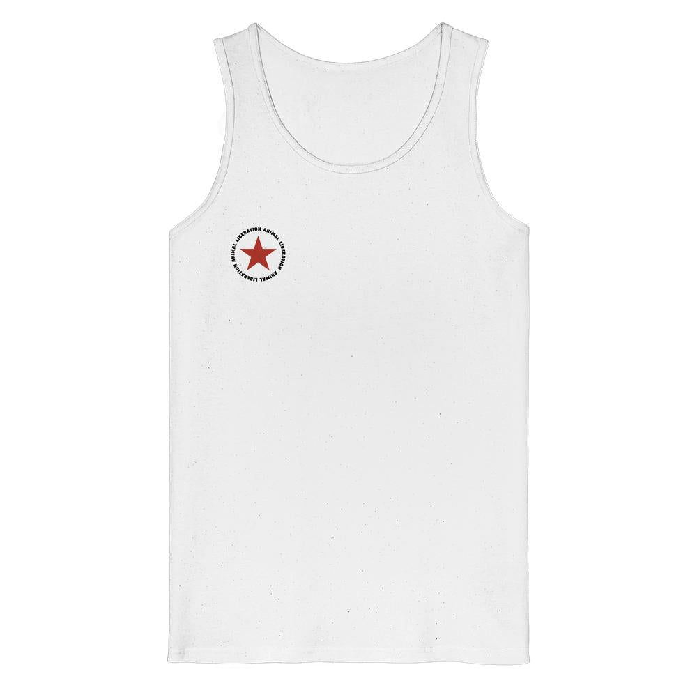 Vegan und Bio Tank Top: Red Star - Animal Liberation, ärmelloses Design mit rotem Sternlogo und ANIMAL LIBERATION Aufdruck, aus 100% Bio-Baumwolle, mittlere Passform.