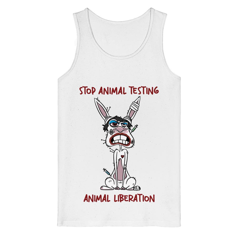 Ärmelloses Tank-Top mit Cartoon-Hasen, bandagiert und mit Spritzen, Slogan STOP ANIMAL TESTING, unten ANIMAL LIBERATION. Veganes Bio-Design von RUDE REBEL für Tierrechte.