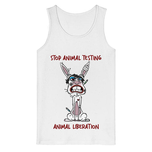 Ärmelloses Tank-Top mit Cartoon-Hasen, bandagiert und mit Spritzen, Slogan STOP ANIMAL TESTING, unten ANIMAL LIBERATION. Veganes Bio-Design von RUDE REBEL für Tierrechte.