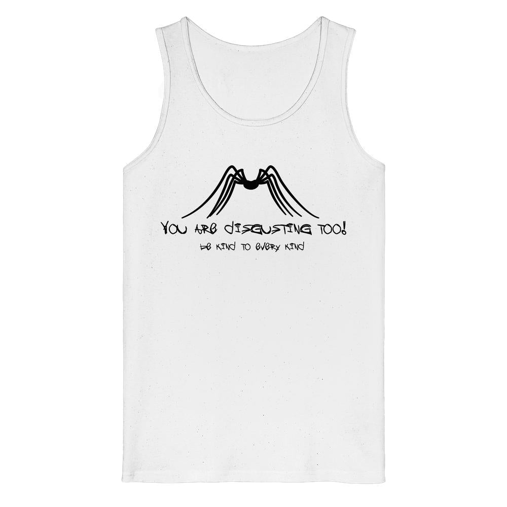 Ärmelloses Tanktop mit schwarzem Spinnenmotiv und Slogan Be kind to every kind, aus 100% Bio-Baumwolle, von RUDE REBEL.
