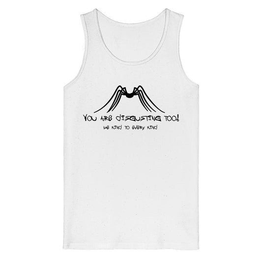 Ärmelloses Tanktop mit schwarzem Spinnenmotiv und Slogan Be kind to every kind, aus 100% Bio-Baumwolle, von RUDE REBEL.
