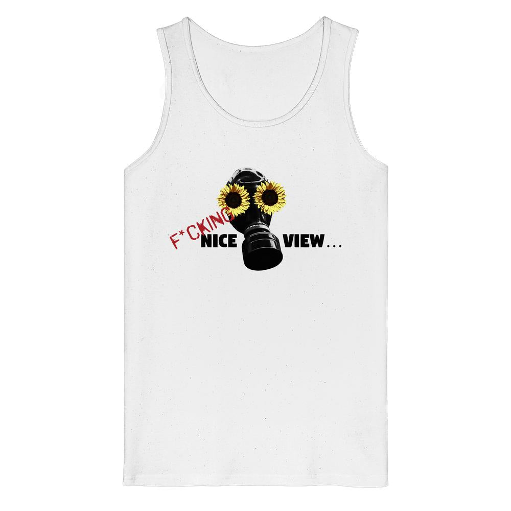 Vegan und Bio Tank Top: Sunflower Mask - F*cking nice view... zeigt stilisierte Gasmaske mit Sonnenblumen, rebellisches Design aus 100% Bio-Baumwolle.