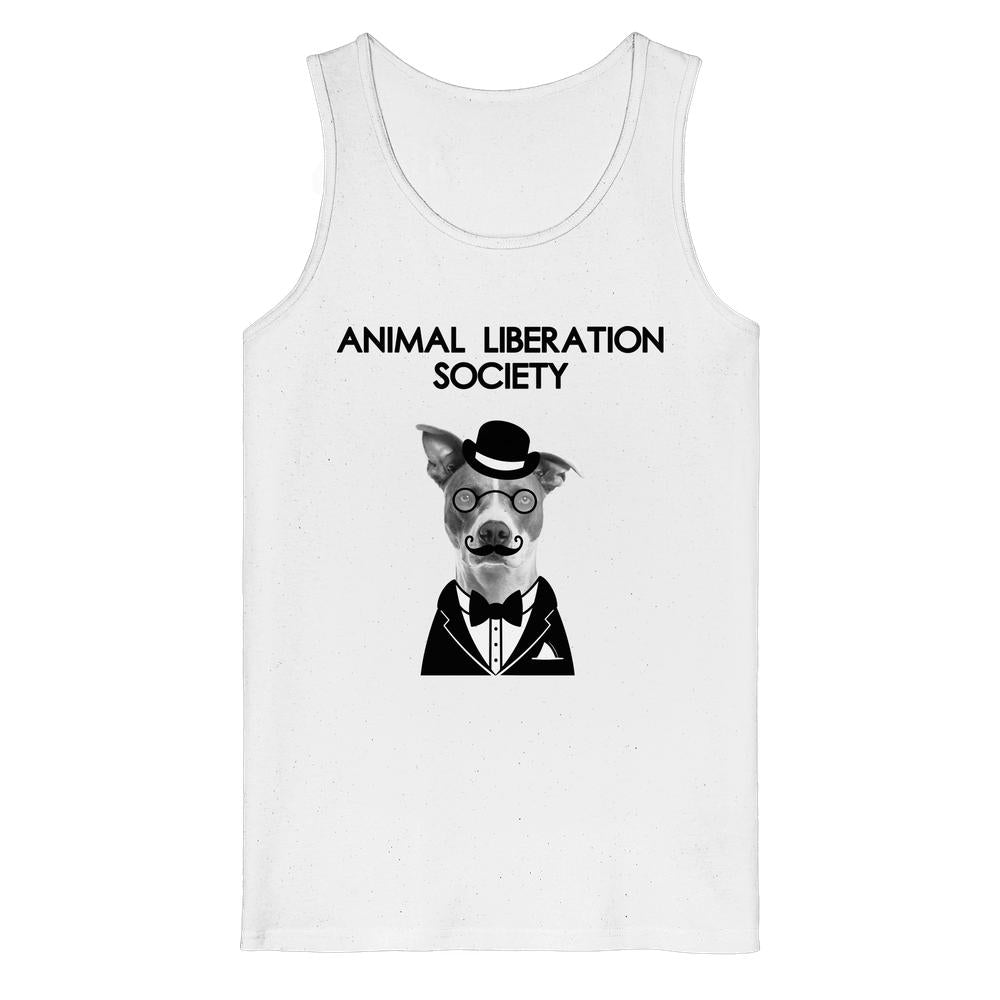 Vegan und Bio Tank Top: Mr. Dog - Animal Liberation Society mit Grafik eines im Smoking gekleideten Hundes, symbolisiert Tierrechte und nachhaltigen Lifestyle.