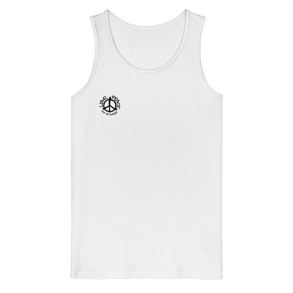 Vegan und Bio Tank Top: LOVE and PEACE for all beings, zeigt ein minimalistisches Design mit Friedenssymbol und Botschaft, aus 100% Bio-Baumwolle, ärmellos, medium fit.