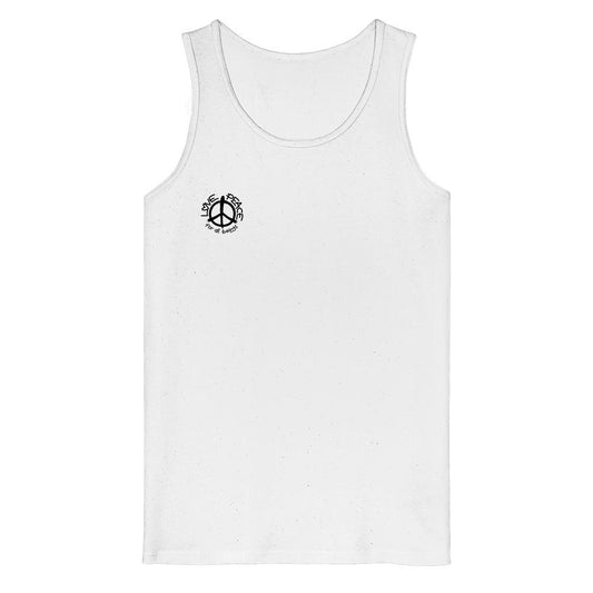 Vegan und Bio Tank Top: LOVE and PEACE for all beings, zeigt ein minimalistisches Design mit Friedenssymbol und Botschaft, aus 100% Bio-Baumwolle, ärmellos, medium fit.