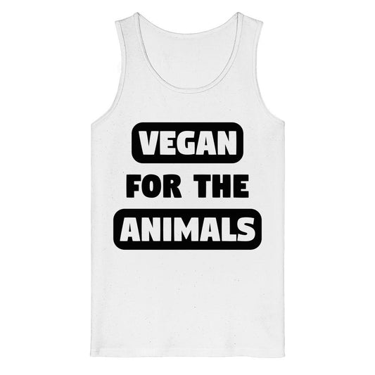 Ärmelloses, weißes Tanktop aus Bio-Baumwolle mit schwarzem Text VEGAN FOR THE ANIMALS, verkörpert Tierschutz und nachhaltige Mode von RUDE REBEL.