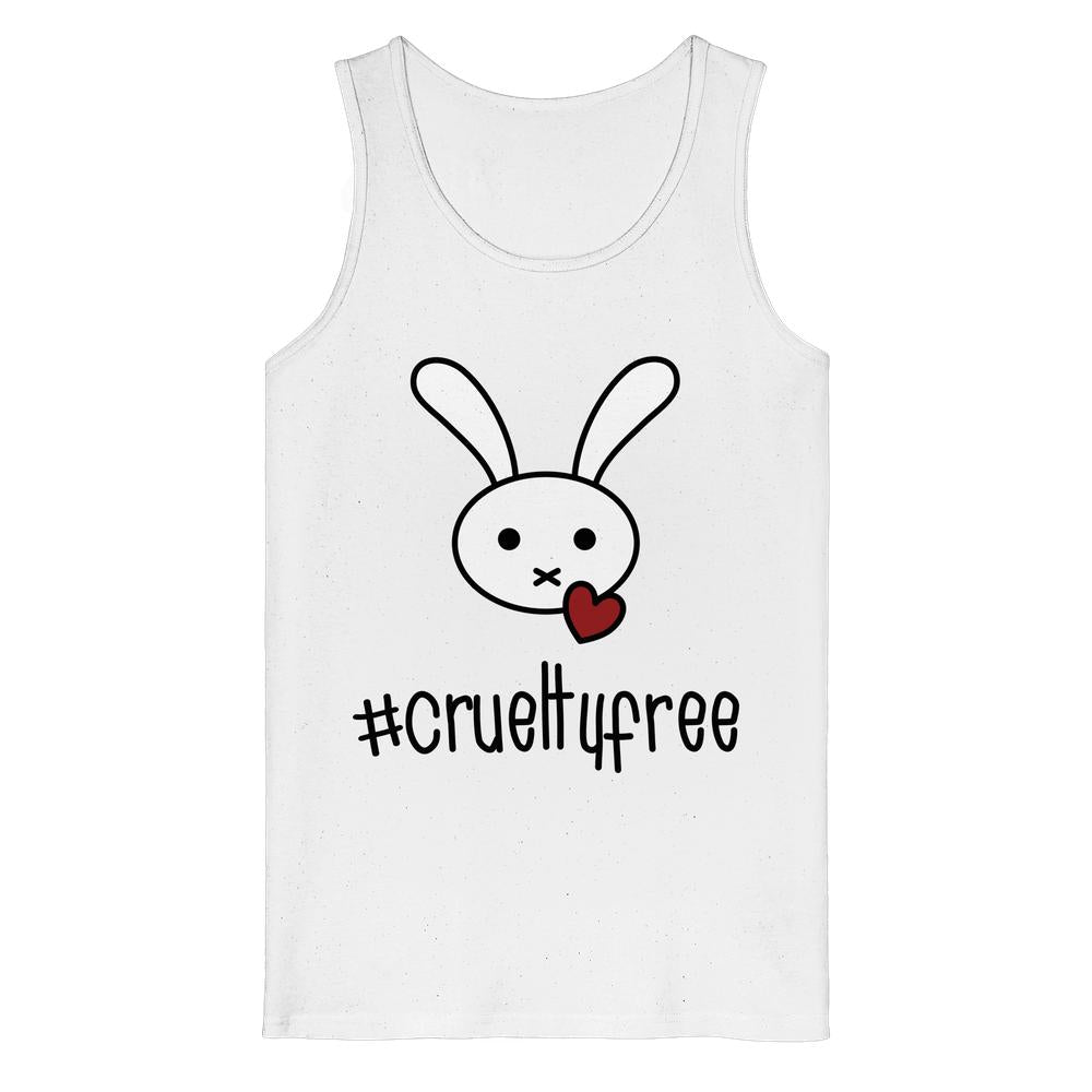 Tanktop aus Bio-Baumwolle mit Cartoon-Hasenmotiv und kleinem Herz. #crueltyfree darunter zeigt RUDE REBELs veganen, tierfreundlichen Ansatz.