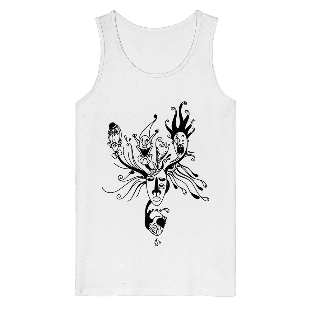 Vegan und Bio Tank Top mit abstraktem Maskenmotiv und stilisierten Herzdetails, aus 100% Bio-Baumwolle, thematisiert mentale Gesundheit und individuelle Facetten.