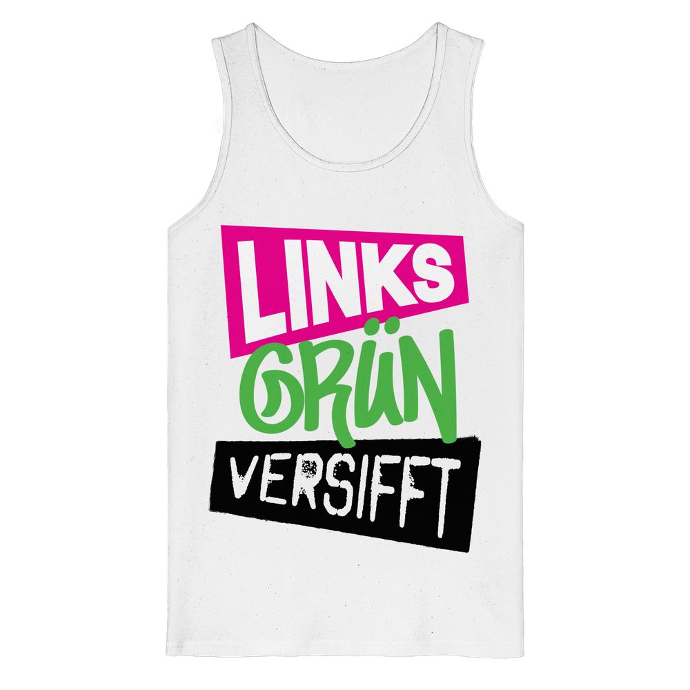 Unisex Tank-Top aus Bio-Baumwolle mit dem Slogan Links-grün versifft in auffälligen Buchstaben, verkörpert nachhaltige und vegane Ideale von RUDE REBEL.