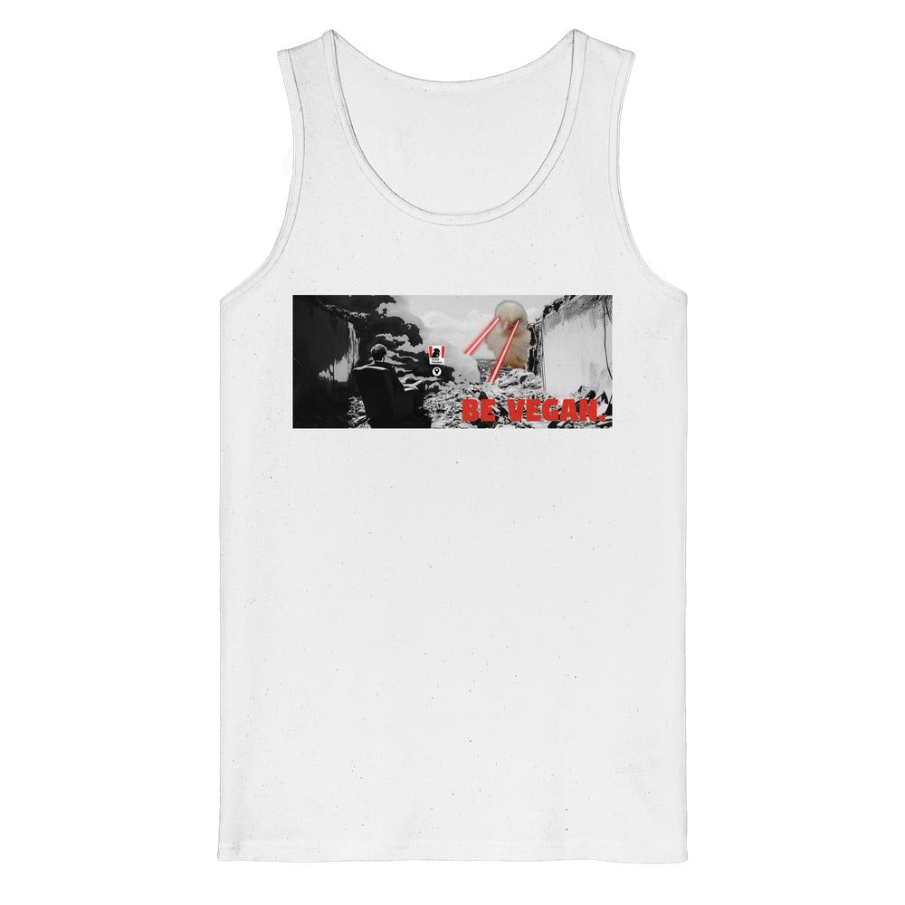 Vegan und Bio Tank-Top: BE VEGAN mit post-apokalyptischem Print und Slogan, aus 100% Bio-Baumwolle, rebellisches Design von RUDE REBEL.