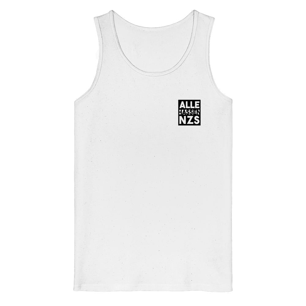 Weißes Tanktop mit Rundhalsausschnitt und Aufdruck „ALLE HASSEN NZS“