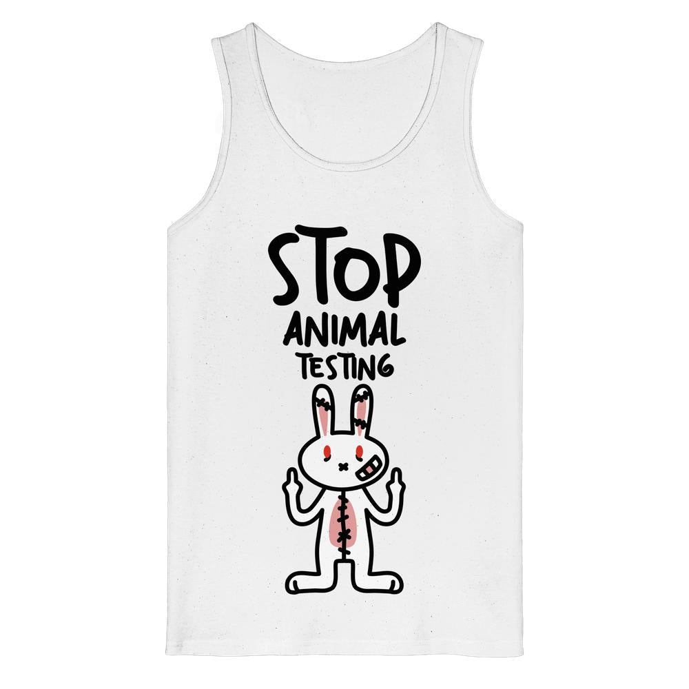 Ärmelloses Tanktop weiß mit Aufdruck „STOP ANIMAL TESTING“ und Hase