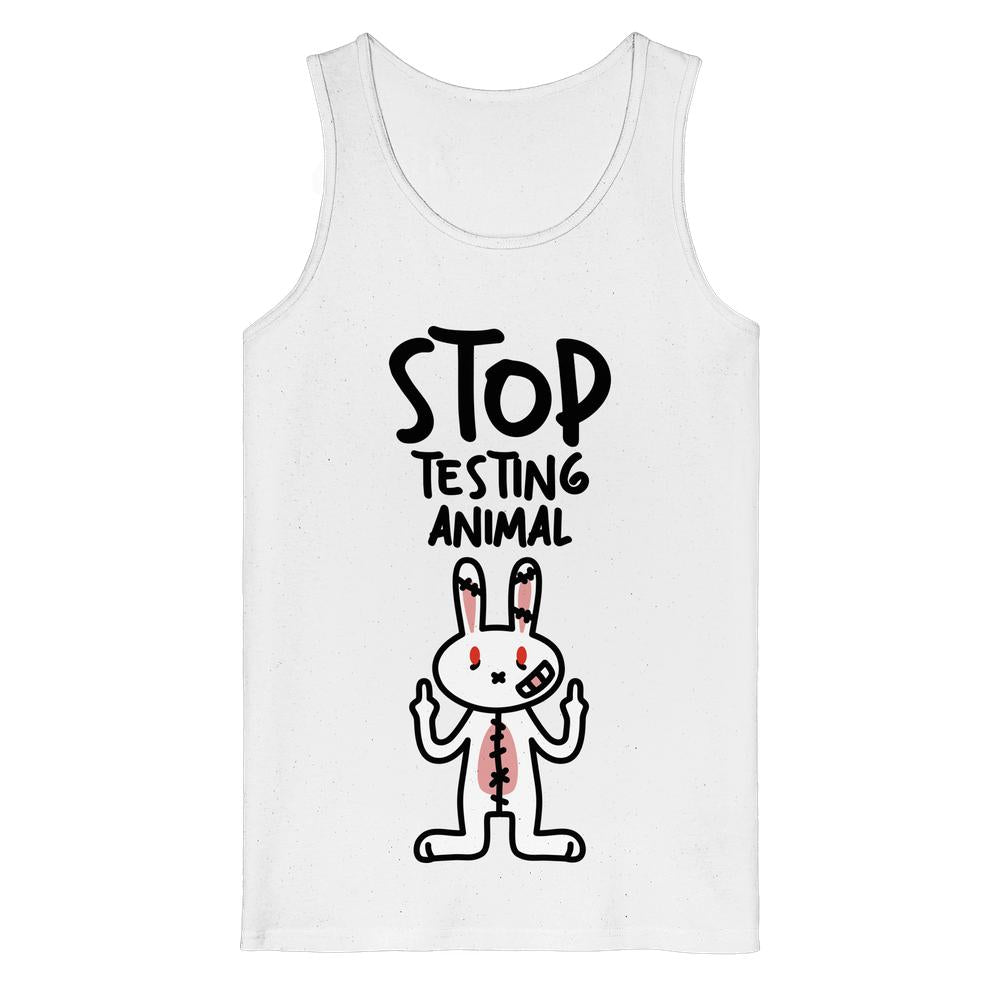 Vegan und Bio Tank-Top: Angry Rabbit - Animal Rights zeigt ein protestierendes Kaninchen mit Narben und Mittelfingern, unter dem Slogan „STOP TESTING ANIMAL“. Baumwollmaterial, mittlere Passform.