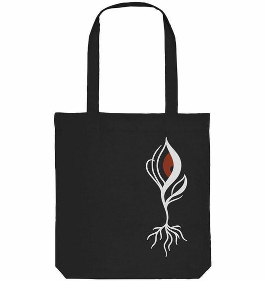 Vegan und Recycling Stofftasche mit blutrotem Augendesign und weißem Baum, symbolisiert Naturverbundenheit, hergestellt aus recycelten Materialien.