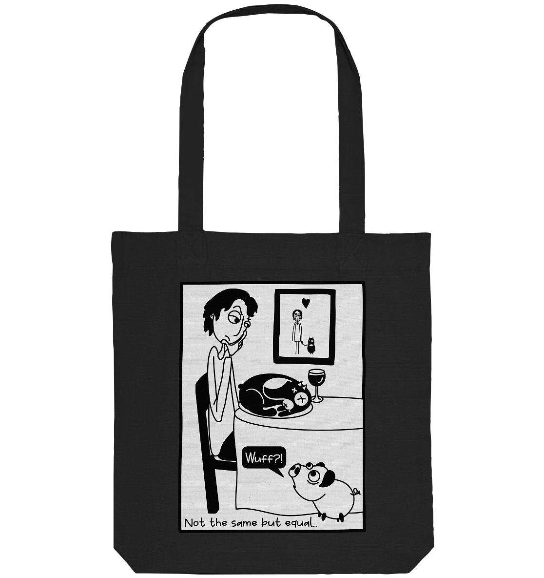 Vegan, Recycled & Eco Stofftasche: Pig vs. Dog - Not the same but equal… (Comic Stripe: Mann sitzt am Esstisch, im Hintergrund ein Foto von ihm und seinem Hund, aus Versehen hat er jedoch den Hund auf dem Teller und das Schwein versucht durch Bellen, seinen Hund zu imitieren. Der Comic ist in schwarz/weiß) in schwarz