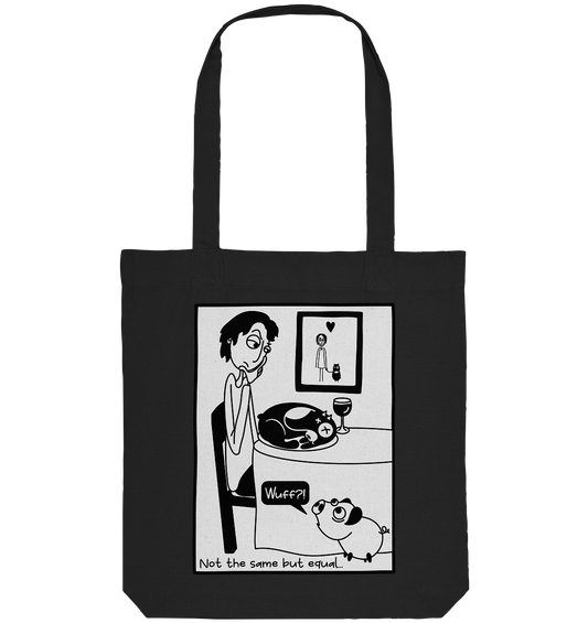 Vegan, Recycled & Eco Stofftasche: Pig vs. Dog - Not the same but equal… (Comic Stripe: Mann sitzt am Esstisch, im Hintergrund ein Foto von ihm und seinem Hund, aus Versehen hat er jedoch den Hund auf dem Teller und das Schwein versucht durch Bellen, seinen Hund zu imitieren. Der Comic ist in schwarz/weiß) in schwarz