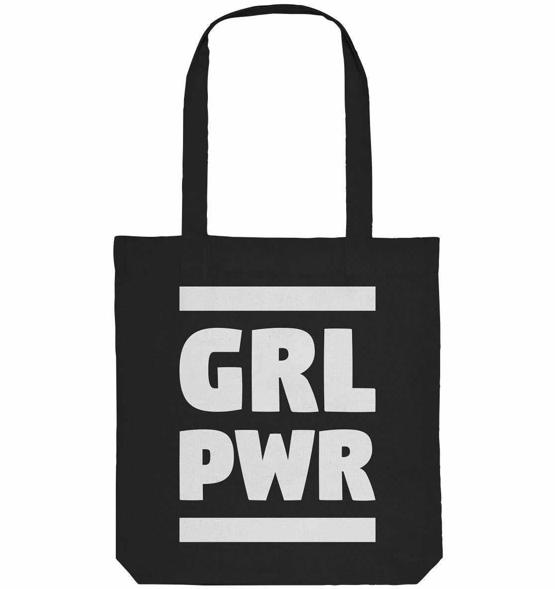 Vegan und Recycling Stofftasche: GIRL POWER mit feministischer Botschaft, schwarze Tasche mit weißen Buchstaben, lange Henkel, nachhaltig aus recycelter Baumwolle und Polyester.