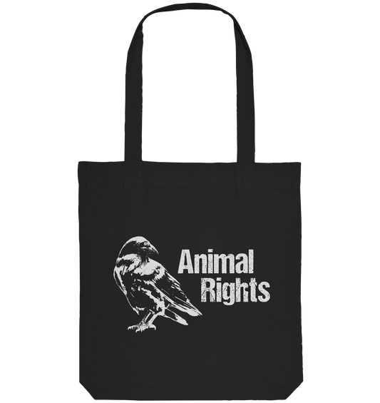 Vegan, Recycled & Eco Stofftasche: Raven - Animal Rights (bedruckt mit Rabe im Schwellenwert - Stil und der Aufschrift "Animal Rights", Tierschutz, Tierrechte, Aktivismus) in der Farbe schwarz