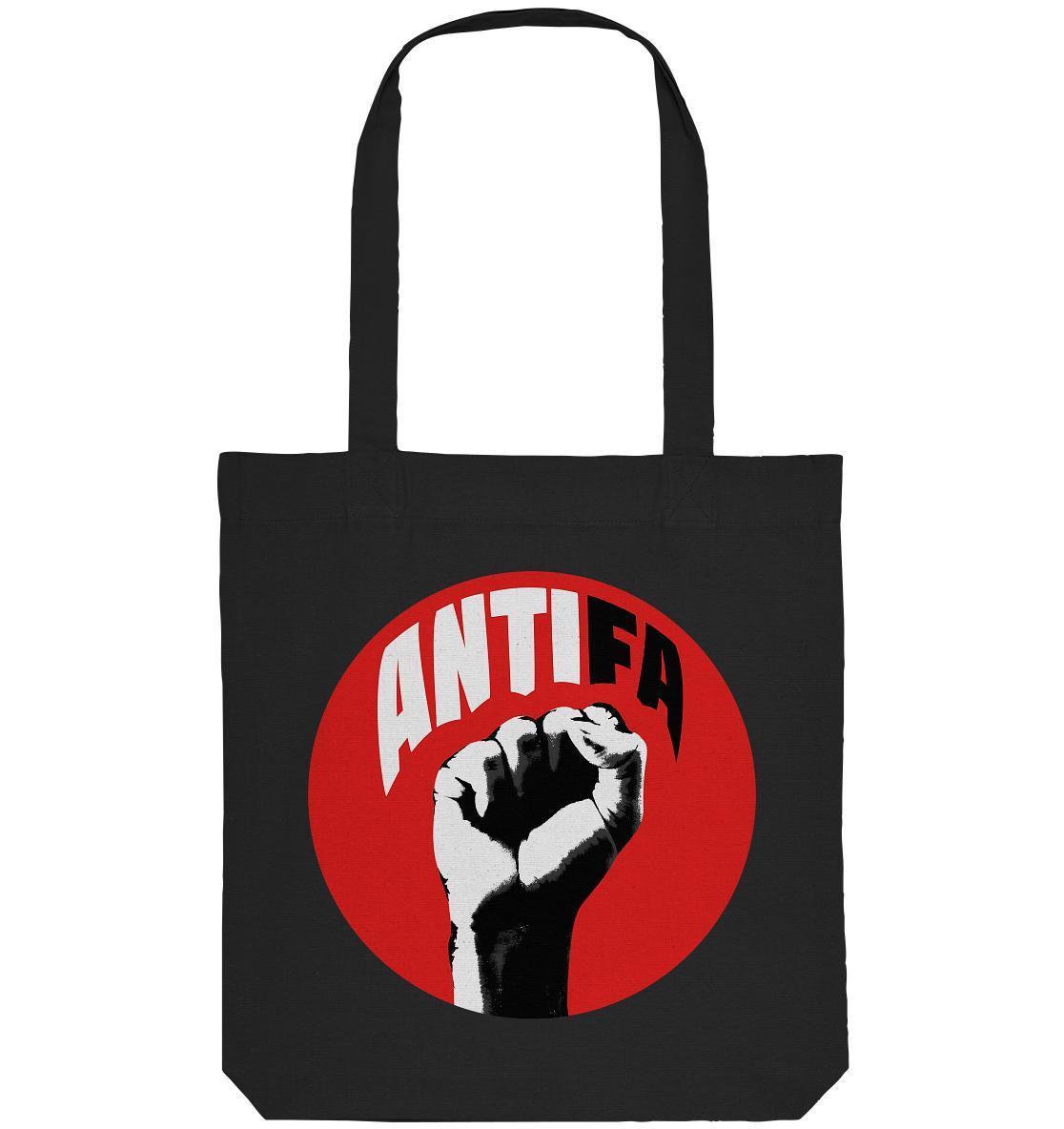 Vegan und Recycling: Antifa - Der Kampf gegen Rechts. Schwarze Stofftasche mit rotem Logo und Faustmotiv, aus recycelter Baumwolle und Polyester, lange Henkel.