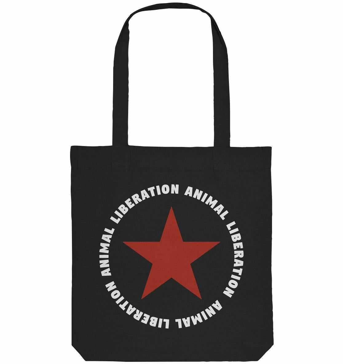 Vegan und Recycling Stofftasche: Red Star - Animal Liberation, schwarze Tasche mit rotem Stern und weißem Text, lange Henkel, aus recyceltem Material.