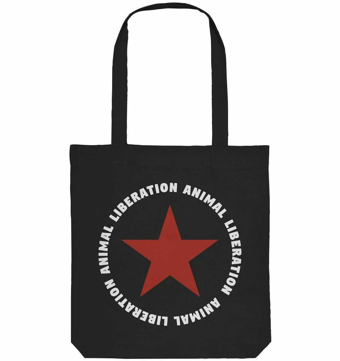 Schwarze Stofftasche mit rotem Stern und kreisförmigem Schriftaufdruck