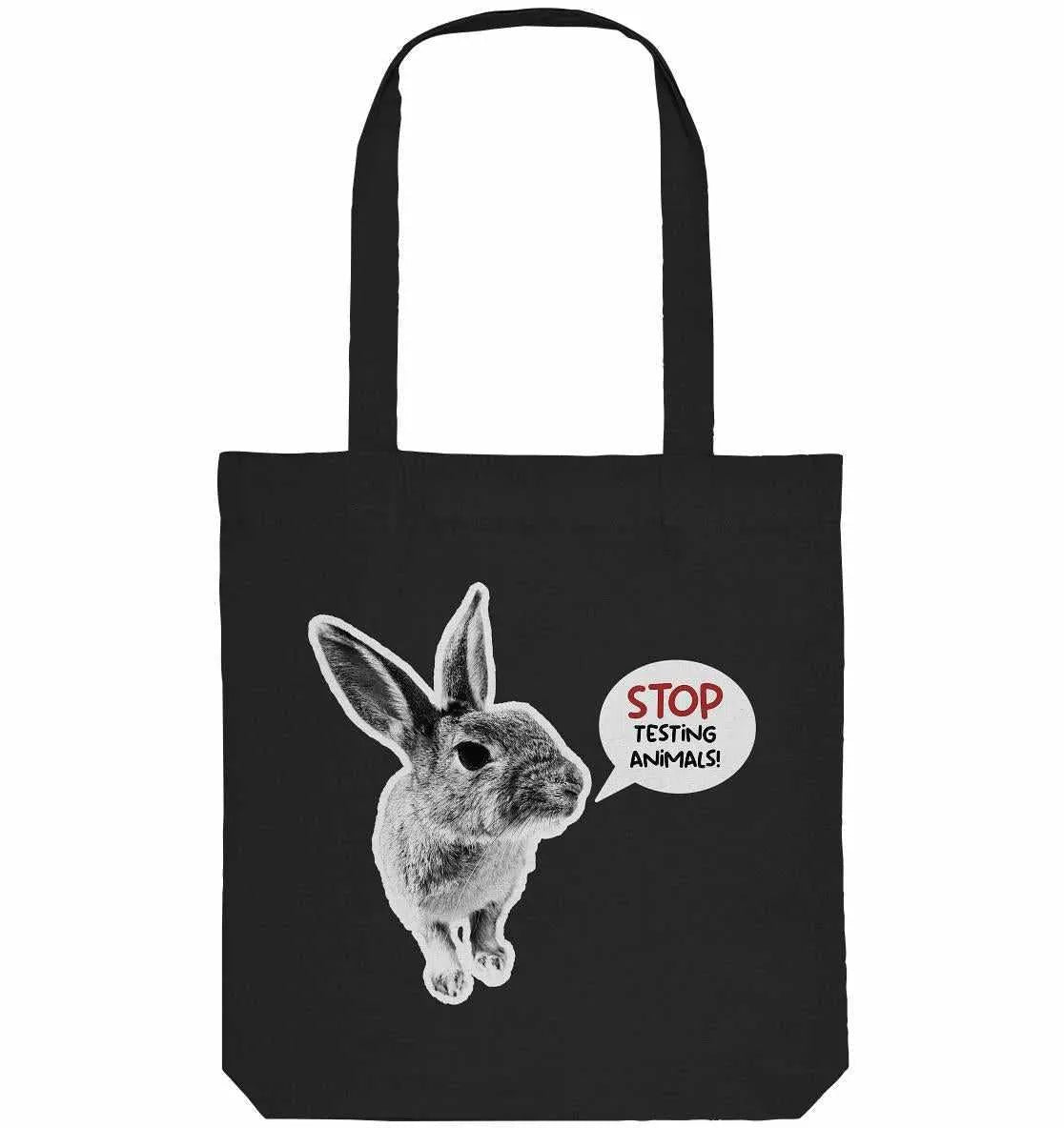 Stofftasche schwarz mit Kaninchenprint und „Stop Testing Animals!“-Aufdruck