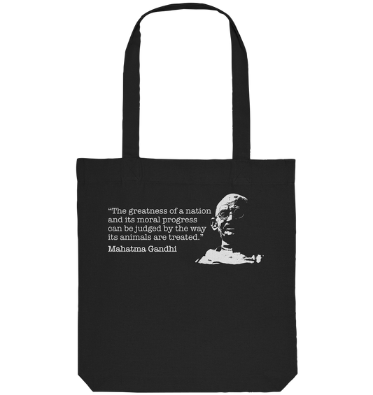 Vegan, Recycled & Eco Stofftasche: Mahatma Gandhi - Vegan Quote (bedruckt mit Portrait von Gandhi in Schwarz Weiß und Zitat, Tierrechte, Tierschutz, Veganismus) in schwarz