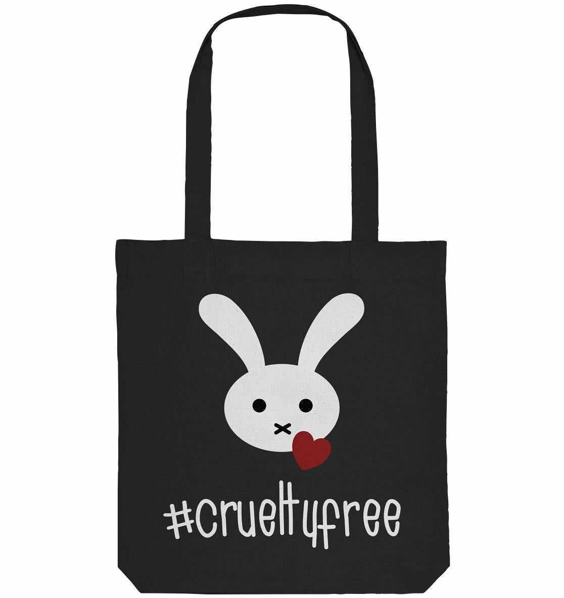 Vegan und Recycling Stofftasche: Crueltyfree Bunny, schwarze Tote Bag mit weißem Kaninchen und Herzmotiv, symbolisiert vegane Bewegung gegen Tierversuche in der Kosmetikindustrie.