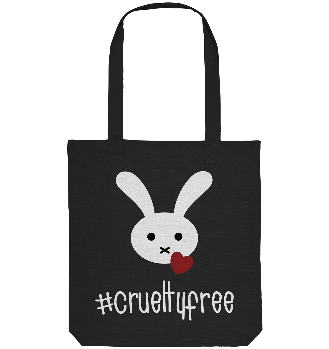 Vegan, Recycled & Eco Stofftasche: Crueltyfree Bunny (weißes süßes Häschen und rotes Herz mit Schriftzug, gegen Tierersuche in der Kosmetikindustrie, Vegan für die Tiere, Veganismus) in schwarz