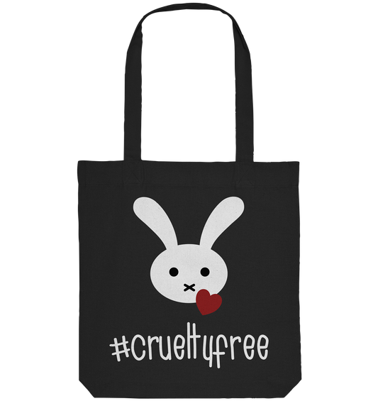 Vegan, Recycled & Eco Stofftasche: Crueltyfree Bunny (weißes süßes Häschen und rotes Herz mit Schriftzug, gegen Tierersuche in der Kosmetikindustrie, Vegan für die Tiere, Veganismus) in schwarz